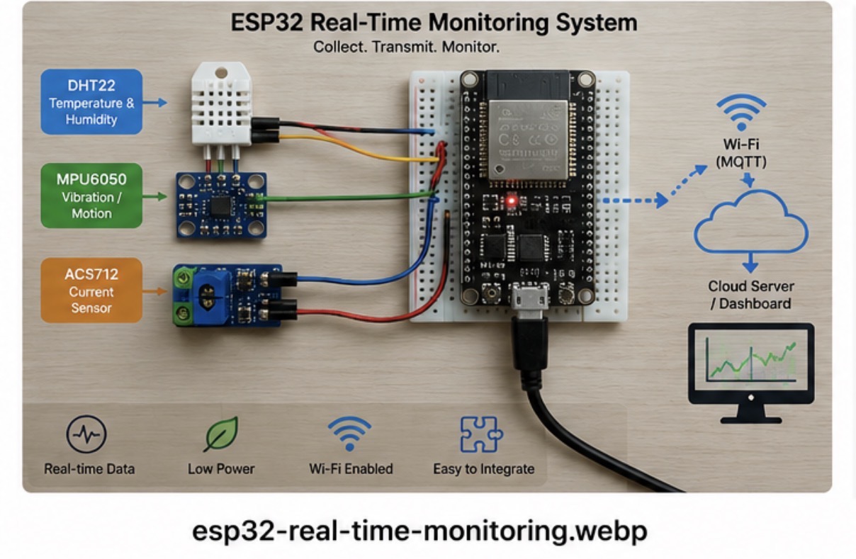 ESP32 microcontroller wired to a DHT22 temperature/humidity sensor and a vibration sensor module.