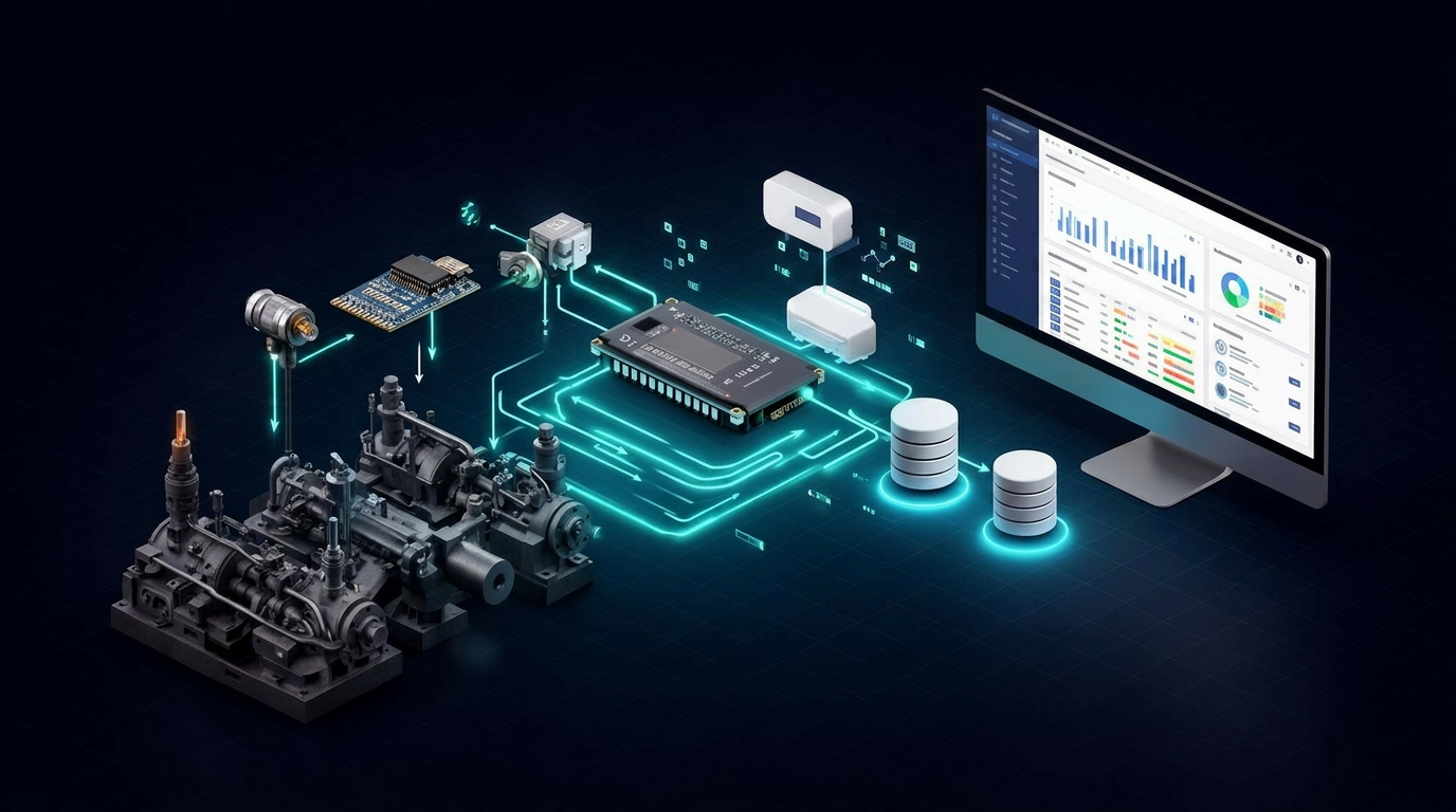 Isometric diagram of an IoT real-time monitoring architecture showing sensors, an ESP32 edge gateway, cloud backend, database, and dashboard.